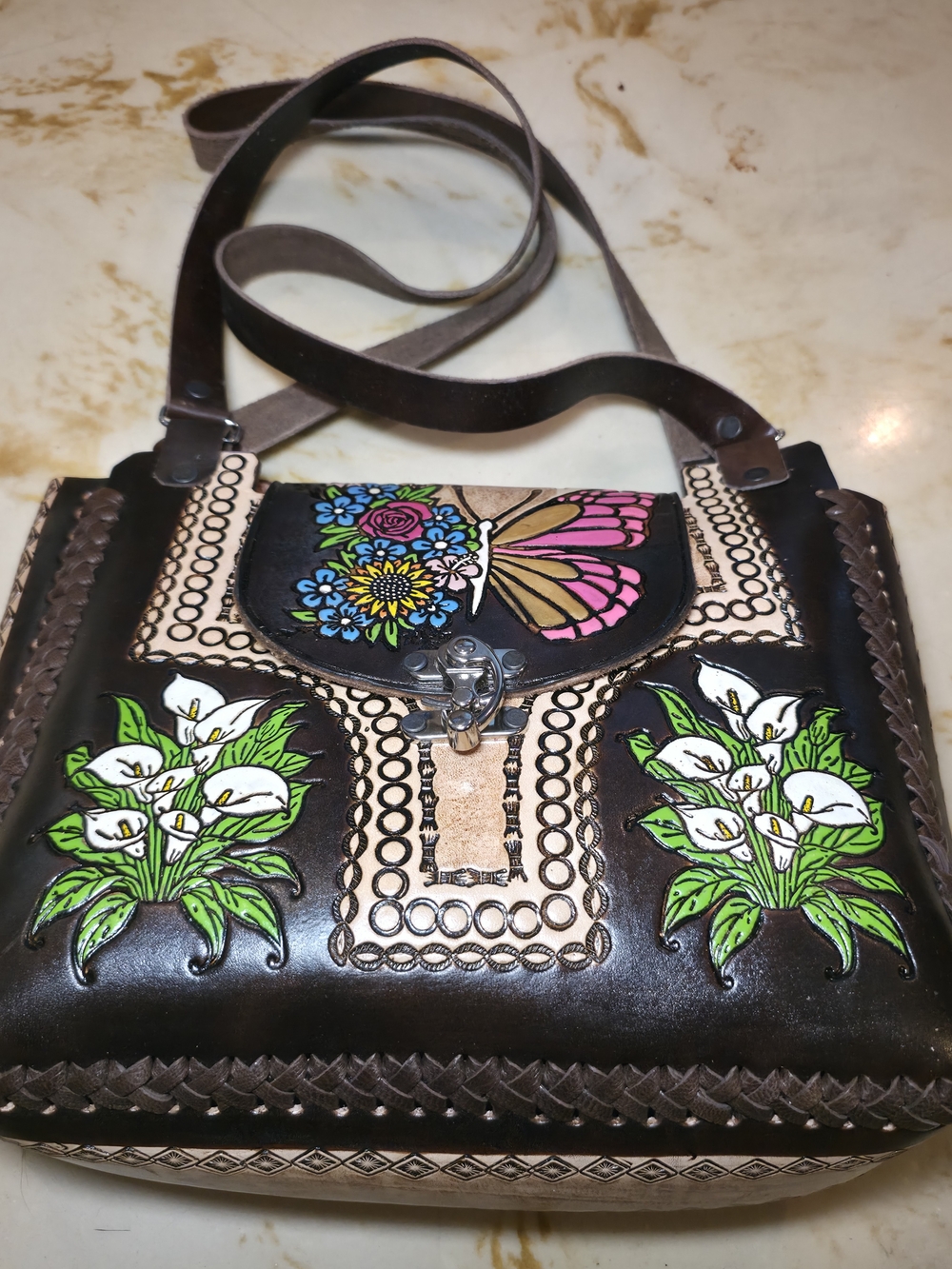 Mexican Hand-Painted Floral & Butterfly Leather Crossbody Bag - Brown